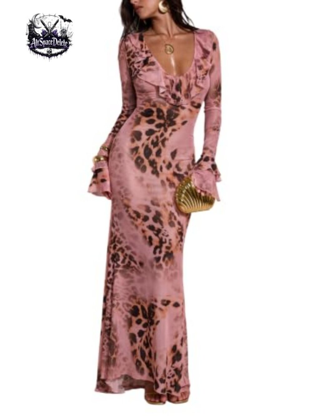 Long Sleeve Bodycon Maxi Dress Floral Mesh Deep V Bell Sleeve